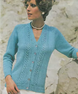 Ladies Classic Cardigan Knitting Pattern Raglan Sleeve Lace Panel DK 34-40  1445 • £2.09