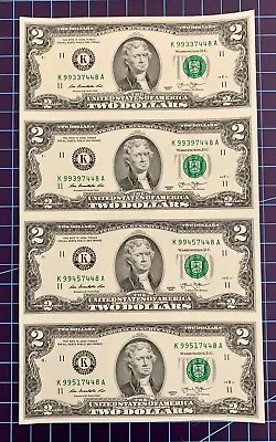 Uncut Currency Sheet Of Four(4) $2 Two Dollar Bills / Series 2013 • $19.50