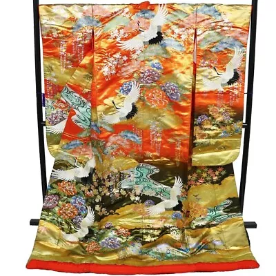 Japanese Silk Kimono Uchikake Vintage Gorgeous Wedding Crane And Flower (u27) • $315