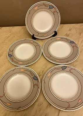 Set Of 5 Mikasa Intaglio Meadow Sun 6 1/2”  Dessert Taupe Pastel Tulips Plates. • $24