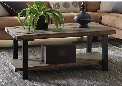 Rustic Industrial Coffee Table W/Lower Shelf Solid Wood Top Sturdy Metal Legs  • $311.60