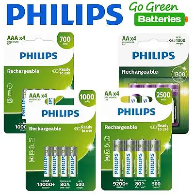 Philips Rechargeable Batteries AA 1300 2500 MAh AAA 700 1000 MAh NiMH LR6 LR03 • £12.99