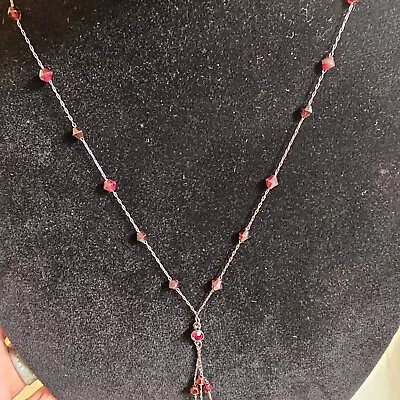 Vtg Signed 1928 Dainty Black Y Drop Chain W Garnet Color Crystals Ornate 18  Adj • $12.50