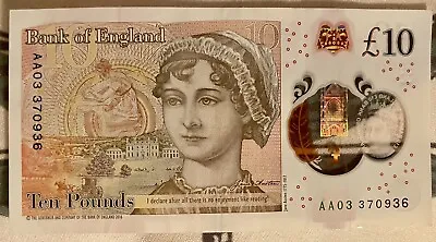 AA03 Bank Of England £10 Ten Pound Note THE QUEEN Plastic/Polymer AA03 370936 • £30