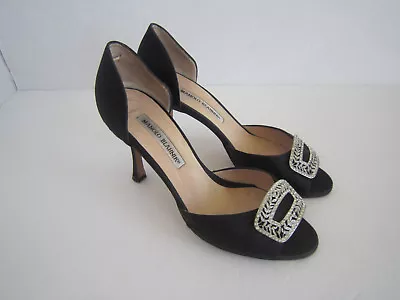 Manolo Blahnik Black Sedaraby Pumps Black Satin Jeweled Dorsay Shoe Sz 36.5 • $231.20