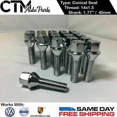 20 Pcs Chrome 14x1.5 Cone Seat Lug Bolts 1.77'' 45mm Thread Fit Volkswagon Volvo • $28.51