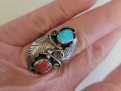 Vintage Native Southwest Sterling Silver Turquoise Ring Size 7 Signed LC • $12.50