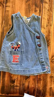 Vintage SESAME STREET Cheerleader  Elmo Megaphone Button Front Denim Dress 4T • $34