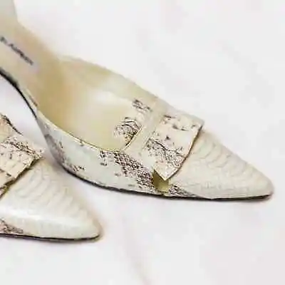 Manolo Blahnik D'orsay Pumps White And Tan Snake Skin Kitten Heel Size 39 • $250