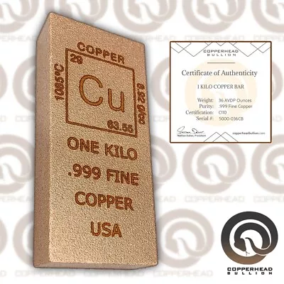 One Kilo (2.25 Lb) Element Copper Bar 36 Oz .999 Fine Bullion Elemental Ingot 1 • $34.99