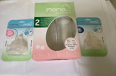 Momo Baby Lot 2 9 Oz. Glass Bottles & Wide Neck 2 Nipples & 2 Spouts NEW • $19.99