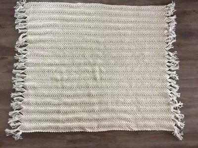 Wool Cable Knit Ivory Cream Throw Blanket 45  X 52  With Fringes  • £75.23