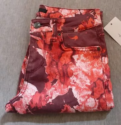 Else Denim Red Floral Mid Rise Skinny Slim Jeans 24 Stretch New • $25