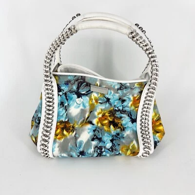 $65 • Buy Karen Millen Mini Handbag Shoulder Bag Floral Satin White Leather Silver Chain