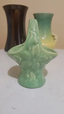 Vintage Casey Pottery Basket/vase - Green With Raised Motifs • $15