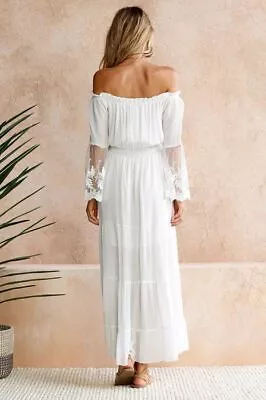 Maxi Dress Long Holiday Bardot Off Shoulder Crochet Lace Ladies Summer Women • £18.99