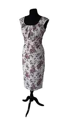 Bettie Page 50s Style Wiggle Dress  White Purple Floral M UK12 Mad Men • £23