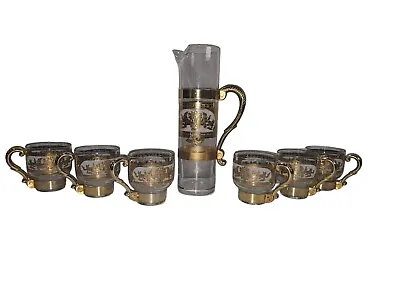 Vtg Hollywood Regency Cocktail Set Tall Cocktail Pitcher With 6 Lowball Glasses • $114.48