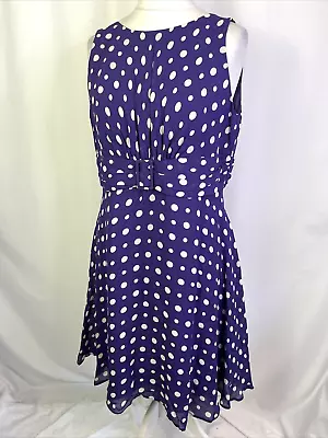 Wallis Dress Retro Purple & White Polka Dot Belted Sleeveless Women's UK18 C1891 • £14.99