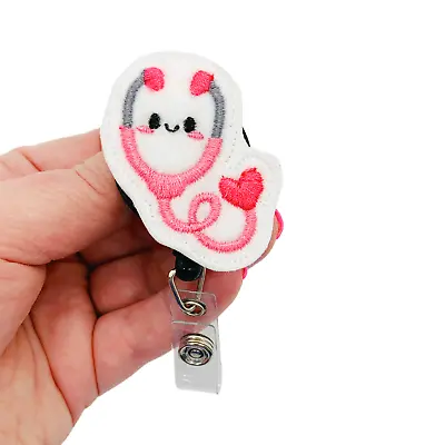 Pink Stethoscope Badge Reel Cute Retractable ID MD Nurse RN Badge Clip Holder • $10.39