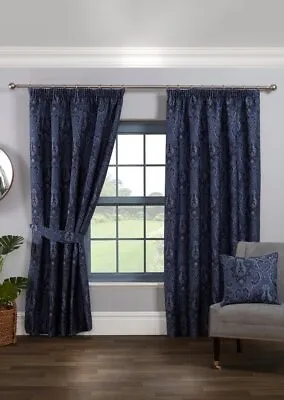 Navy Tegola Damask Jacquard Lined 3  Tape Top Pencil Pleat Curtains Pair • £23.99