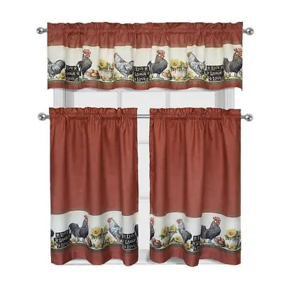 3 Piece Rooster Window Treatment Kitchen Curtain Panel Tier & Valance Set • $10.99