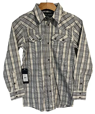 Cody James Shirt Boys Small White Blue Plaid Western Pearl Snap Sawtooth Youth • $26.41