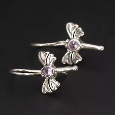 VTG Sterling Silver - Purple CZ Dragonfly Insect Dangle Earrings - 2g • $2.99