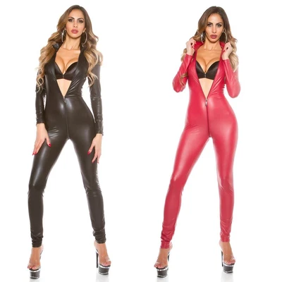 Leather Look Catsuit Jumpsuit Full Crotch Zip Wetlook KouCla - Black & Wine Red • £39.95