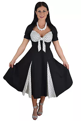 50s Vintage White Black Polka Dot Swing Party Formal Prom Dress With Sleeves • $49.95