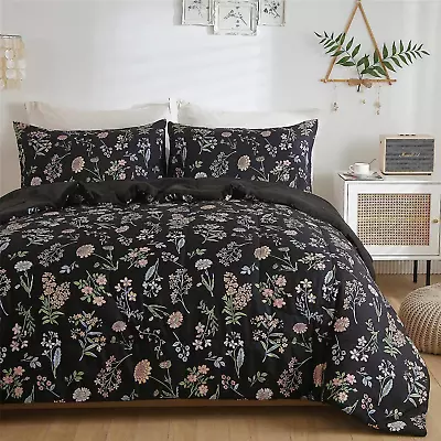 Floral Comforter Set Twin Size Yellow Green Botanical Flower Leaves Printed Bla • $86.90