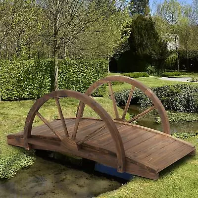 Outsunny Wooden Garden Bridge Arc Walkway Half Wheeled Railings Stained Wood • £38.94