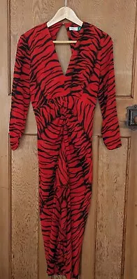 Rixo Rose Red Black Silk Dress Medium Frill Holly Willoughby Tiger Animal UK 10 • £50