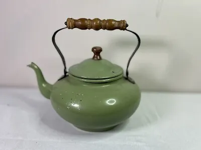 Green Tea Pot With Wooden Handle Metal Great Decoration *flawed • £7.71