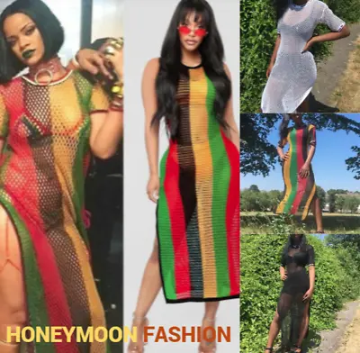 ✅ Rihanna Work Dress Rasta Jamaican Side Slit Split Mesh Carnival Riana Reggae • £16.99