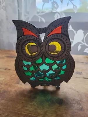 Vintage Owl Tiffany Style Stained Glass Napkin Holder 1978 WITH BOX BOHO Kitsch • $19.50