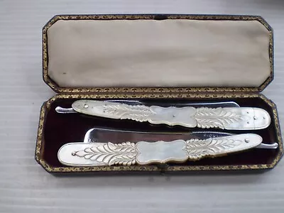 Pair Of Antique Straight  Razors   J. Crawford 11/16 - Mother Of Pearl Set • $455