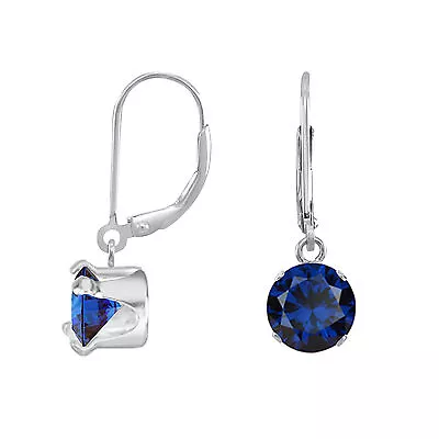 .925 Sterling Silver Lab Created Round Blue Sapphire Dangling LeverBack Earrings • $25.95