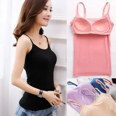 Women's Camisole Tops With Built In Bra U Neck Vest Ladies Padded Slim Tank Tops • £3.59