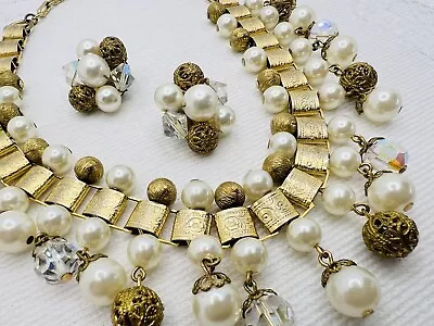 Vintage Lisner Faux Pearl Book Chain Faceted Beads Necklace Clip Earrings Set • $64.99