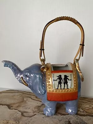 Vintage Lusterware Blue Elephant Teapot No Lid Japan 1930’s Woven Wood Handle • $20