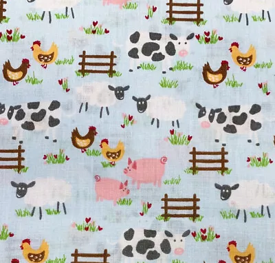 Childrens Fabric - Farm Animals On Sky Blue - Polycotton Craft Fabric Material • £3.99