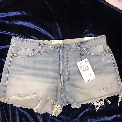 Zara High Rise Denim Shorts Womens Size 12 Blue Distressed Light Wash Button Fly • $8