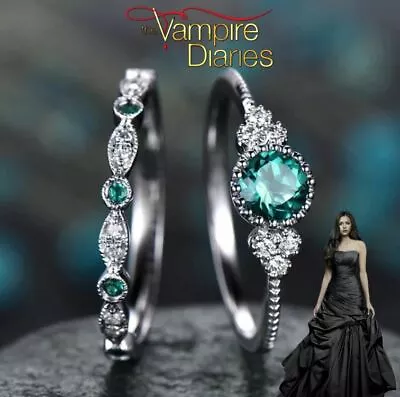 The Vampire Diaries Elena Gilbert Emerald/Zirconia Silver Finish Twin Ring Set • £7.95