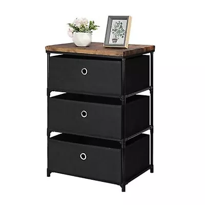 3 Drawers Black Fabric Dresser With Wooden Shelf Storage Tower Chests Organizer • $29.99