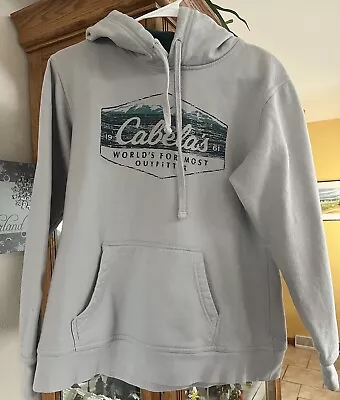 Cabelas Sweatshirt Mens S/M Gray Teal Pull Over Hoodie Front Pocket Hooded • $12.99
