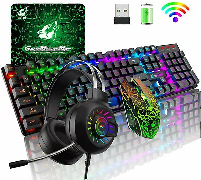 $75.90 • Buy 4in1 Wireless Gaming Keyboard Mouse And 3.5mm Headset Set Rainbow Backlit For PC