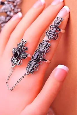 Gorgeous Vintage Turkish HQ Antique Silver Flower Double Finger Rings Adjustable • $26.50