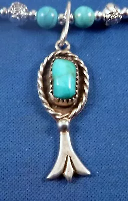 Vtg NAVAJO Sterling Silver Turquoise Squash Blossom PENDANT W 21  Bead Necklace • $42