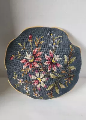 Vtg  Round Needlepoint Floral Pillow Scalloped Dark Yellow Back 12  • $20